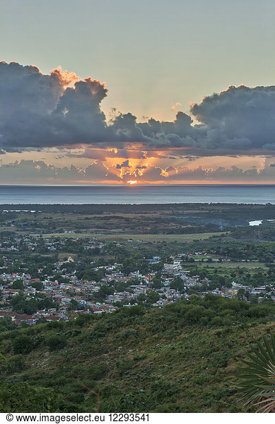 Panoramic view of town and sea during sunset  Trinidad  Cuba