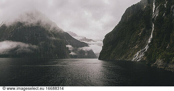 Panoramic view of waterfalls & mountains at Milford Sound  New Zealand