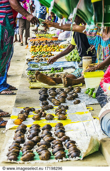 Papua New Guinea  Milne Bay Province  Alotau  Person buying tropical fruits at market