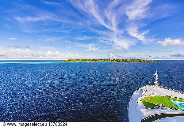 Papua New Guinea  Milne Bay Province  Bow of ship sailing on blue waters of Solomon Sea