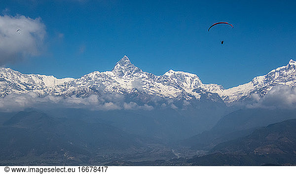 Paragliding Over Himalaya Mountains  Pokhara Nepal