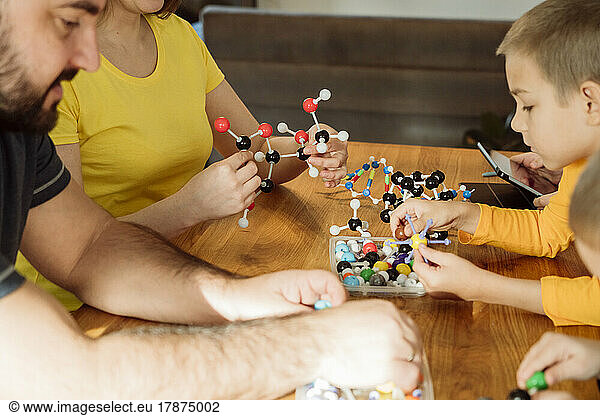 Parents and sons examining molecular models on table at home