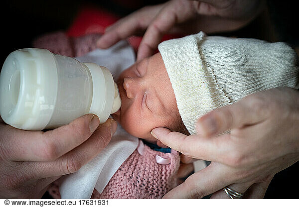Parents bottle-feed the newborn who has just woken up.
