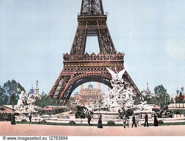 PARIS: EIFFEL TOWER  c1900. A view of the Eiffel Tower and fountain during the Exposition Universelle of 1900 in Paris  France. Photochrome  c1900.