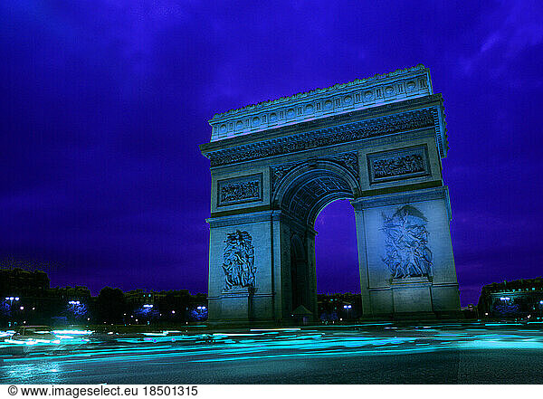 Paris France Famous Arc de Triomphe Monument at Sunset