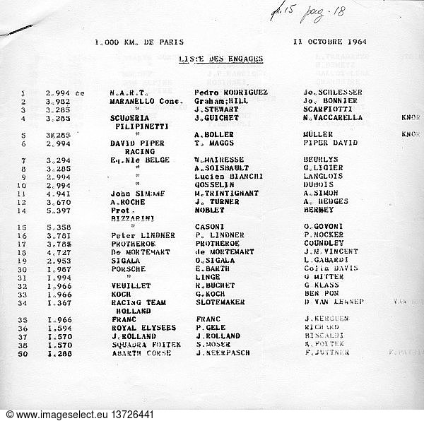 Paris 1000Ks Teilnehmerliste vom 11. Oktober 1964.
