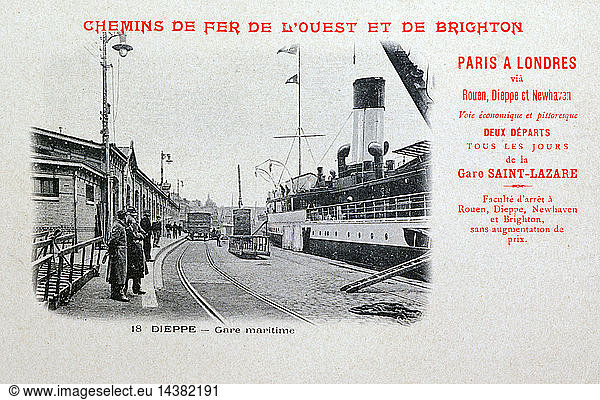 Paris-London boat train station at Dieppe  France. Steamer which carried train across the English Channel at the dockside. Postcard c1900. Transport Rail Marine International England France.