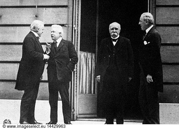 Paris Peace Conference which led to Treaty of Versailles (1919) after the end of World War l. Meeting between Prime Ministers  left to right  Lloyd George (GB)  Orlando (Italy)  Clemenceau (France) and President Woodrow Wilson (USA).