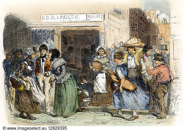 PARISIANS: BREAD  1853. Parisians discussing the price of bread. Colored line engraving  1853.