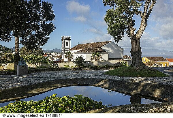 Parkanlage bei der Kirche der Nossa Senhora da Estrela mit Rathausturm und Eisenholzbäumen  Ribeira Grande  Insel Sao Miguel  Azoren  Portugal  Europa