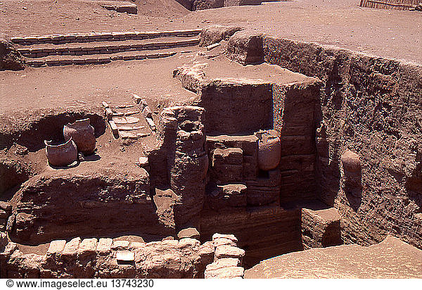 Part of the archaeological site left in situ at San Jose de Moro, where the tomb of a so-called Moche princess associated with human sacrifice was uncovered, Peru. Moche. AD 100-600. north coastal Peru.