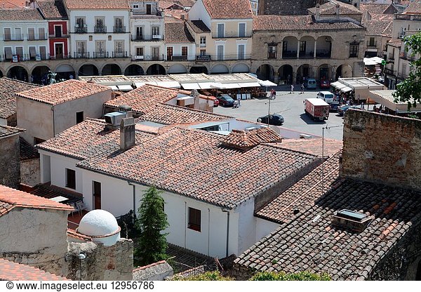 Partial view of the Plaza Mayor from the walled city. Trujillo  Caceres  Extremadura  Spain  Europe.
