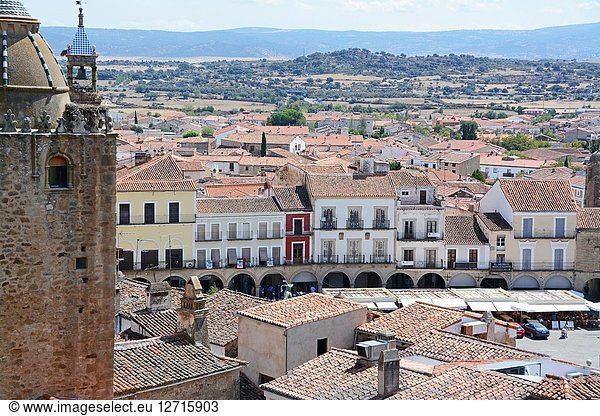 Partial view of Trujillo from the walled city. We can see the Torre del Alfiler and beyond  San Martin Church belfry.Trujillo  Caceres  Extremadura  Spain  Europe.