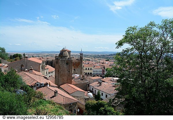 Partial view of Trujillo from the walled city. We can see the Torre del Alfiler and beyond San Martin Church.Trujillo Caceres Extremadura Spain Europe.