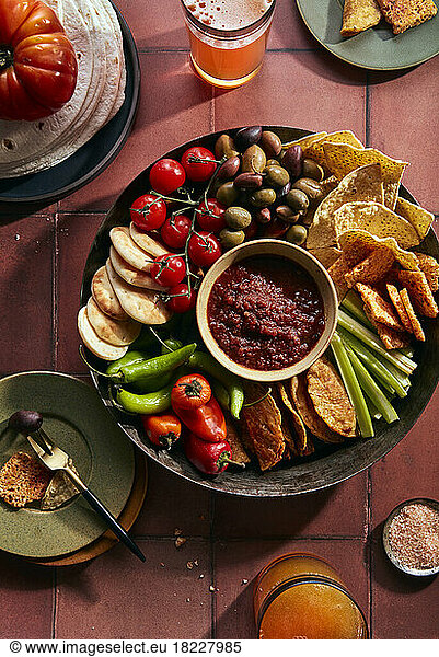 Party Platter with Vegetables  Chips and Salsa