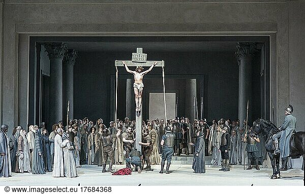 Passion Play Oberammergau 2022  Crucifixion of Jesus and Erection of the Cross  Oberammergau  Bavaria  Germany  Europe