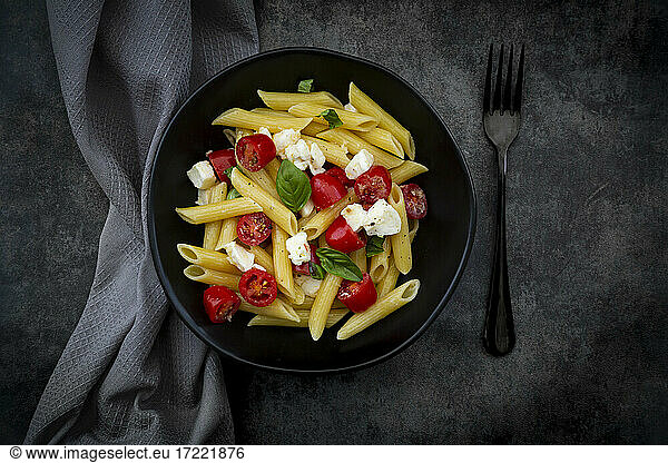 Pasta penne with mozzarella  tomatoes and basil
