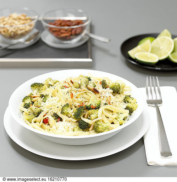 Pasta with broccoli and chili  close-up