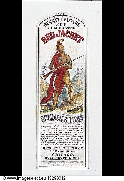 Patent medicine label for Bennett Pieters & Cos. celebrated Red Jacket stomach bitters