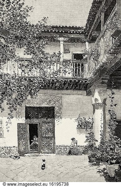 Patio of Samuel Lev? house in Toledo  painting by Mart?n Rico. Old XIX century engraved illustration from La Ilustracion Espa?ola y Americana 1894.