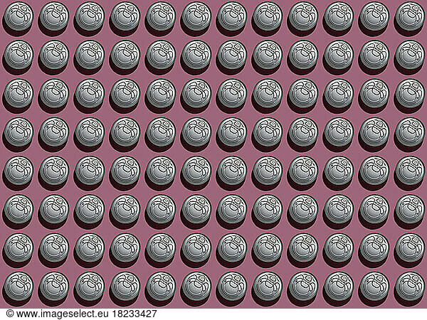 Pattern of rows of cans flat laid against purple background