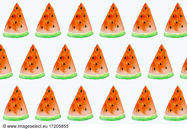 Pattern of watermelon slices painted on white background