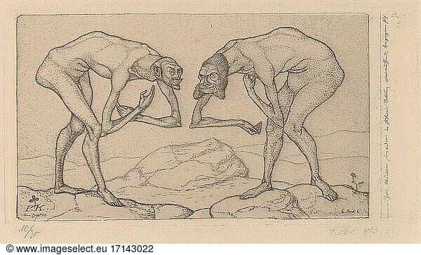 Paul Klee;
Swiss artist;
1879 – 1940. Two Men Meet  Each Believing the Other to Be of Higher Rank. Etching on zinc  1903.
Inv. No. 1943.3.9041 
Washington  National Gallery of Art.