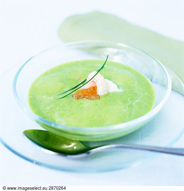 Pea soup with shrimps and whitefish roe Sweden.