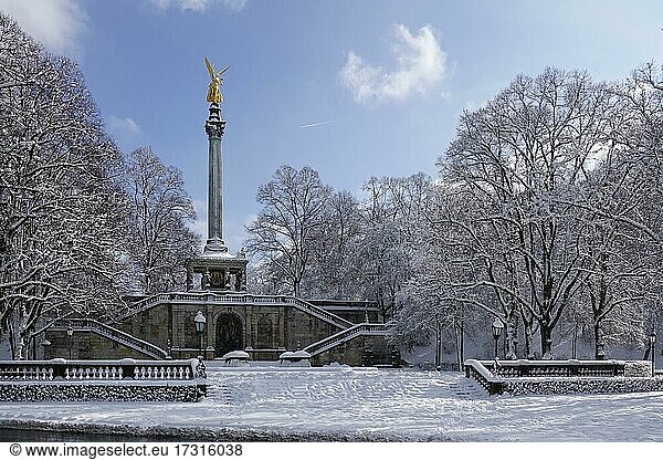 Peace angel or peace monument above the Prinzregent-Luitpold-Terrasse in the Maximiliansanlagen  snowy in winter  Munich  Upper Bavaria  Bavaria  Germany  Europe