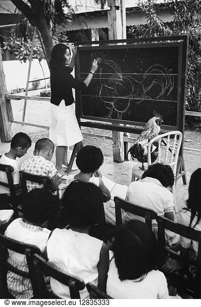 PEACE CORPS: ECUADOR. Peace Corps volunteer Barbara Tetrault teaching an art class for children. Photograph by Paul Conklin  c1964.