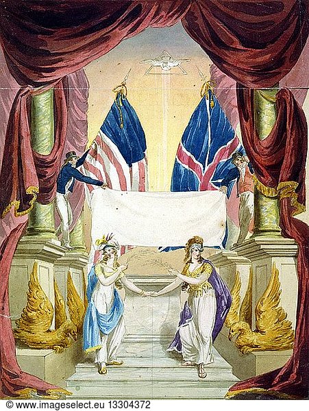 Peace. In an allegory of the Treaty of Ghent  signed on Dec. 24  1814  Britannia and America hold olive branches before an altar. Sailors  holding British and American flags  hold an uninscribed banner. Through the drapes and pillars a dove flies out of a triangle.