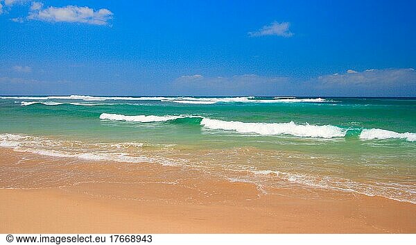 Peaceful beach scene with ocean and blue sky