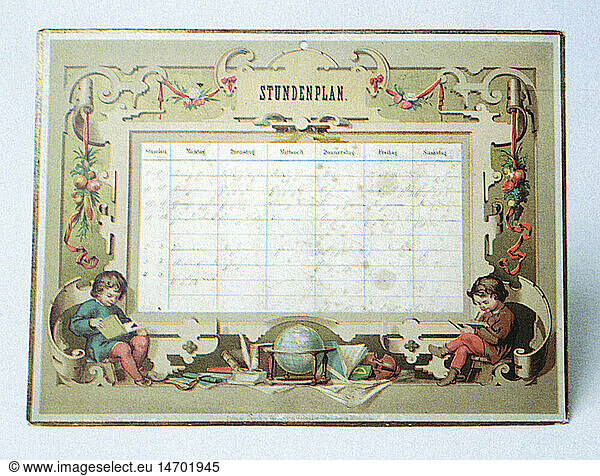 pedagogy  educational material  timetable  1892 19th century  Germany  object  objects  stills  school  schools  classes  school period  school lesson  school periods  school lessons  hours  arrangement  arrangements  plan  plans  class hour  study period  lesson  lessons  pedagogy  paedagogy  education  teaching aids  audiovisual aids  timetable  time-table  timetables  historic  historical  people