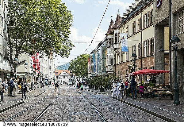 Pedestrian zone with tram tracks and brooks on both sides  Kaiser-Joseph-Straße  Freiburg im Breisgau  Germany  Europe