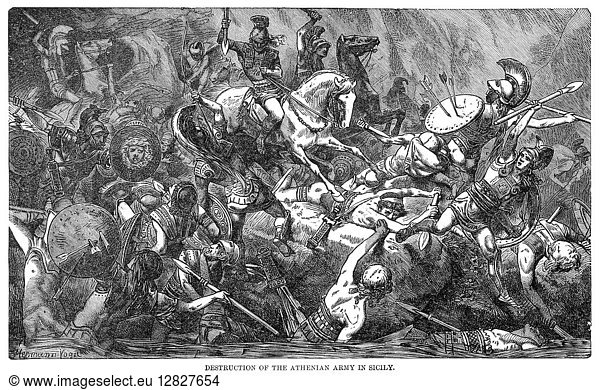 PELOPONNESIAN WARS. Destruction of the Athenian Army in Sicily during the Peleponnesian War 413 B.C.. Wood engraving 19th century.