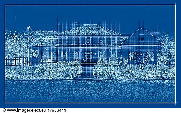 Pencil sketch of custom house on blue
