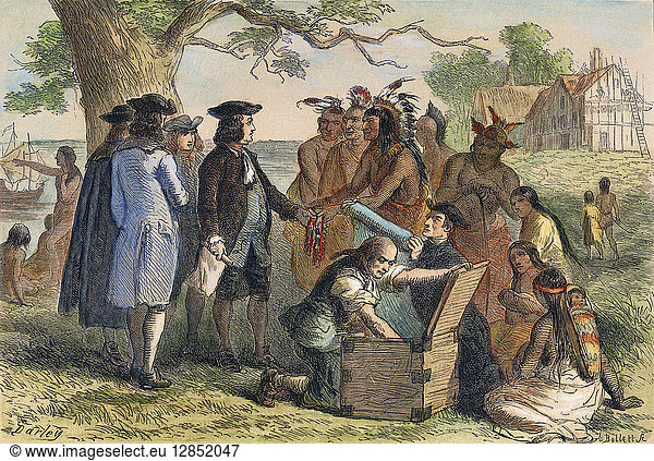 PENN'S TREATY  1682. William Penn (1644-1718)  English religious reformer and colonist  making a treaty with the Native Americans in Pennsylvania  1682. Wood engraving  19th century  after Felix O.C. Darley.