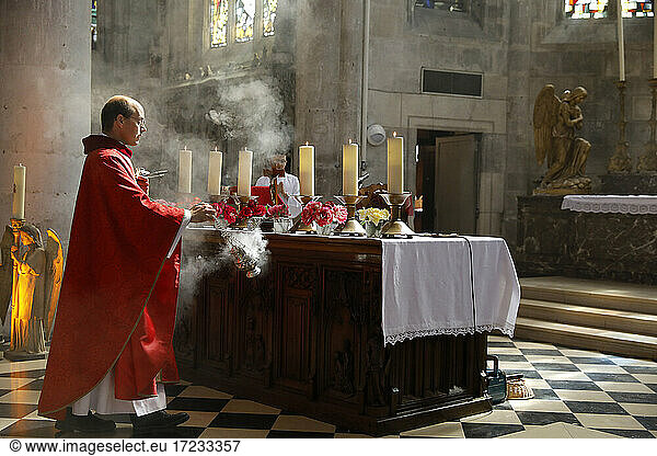 Pentecost Mass in St. Nicolas's church  Beaumont-le-Roger  Eure  France  Europe