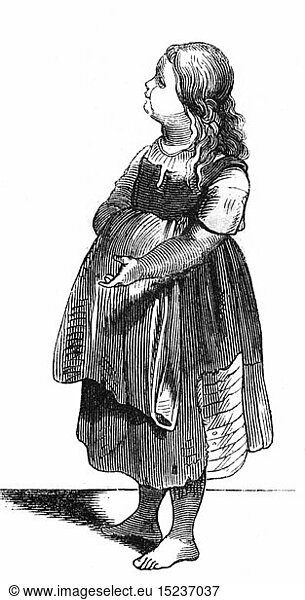 people  children  orphans  'Das Waisenkind' (The Orphan)  illustration from 'Muenchner Bilderbogen' (Munich Sheet of Pictures)  wood engraving  19th century  graphic  graphics  full length  clipping  cut out  cut-out  cut-outs  standing  clothes  outfit  outfits  dress  dresses  poverty  poor  historic  historical  girl  girls  female  child  people