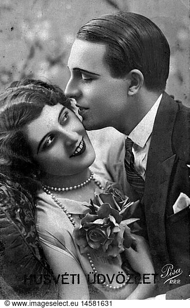 people  couples  1920s  young couple  picture postcard  Hungary  Easter Greetings  Happy Easter  20th century  historic  historical  lovers  20s  nostalgia