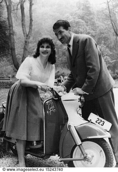 people  couples  young couple with motor scooter Tomos Puch SR / SRA a hundred and fifty 'Galeb'  circa 1958