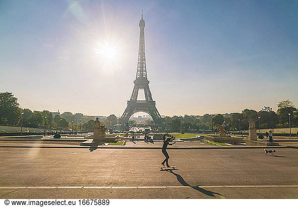 People enjoying spare time activities at Place du Trocadero infront of the Eifel Tower