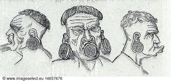people  ethnology  men  Botocudo people with jewellery on lips and ears  wood engraving  out of: 'Le Magasin Pittoresque'  Paris  19th century