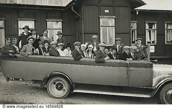 people  group of tourists in a bus  1920s  20s  20th century