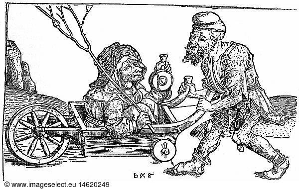 people  hardship / adversity  beggar pushing his wife in a wheelbarrow  copper engraving late 15th century  private collection  fine arts  print  prints  beggars  begging  poor  poverty  historic  historical  misery  wheel barrow  hurlbarrow  hurley  wheelbarrows  hurlbarrows  hurleys  woman  women  female