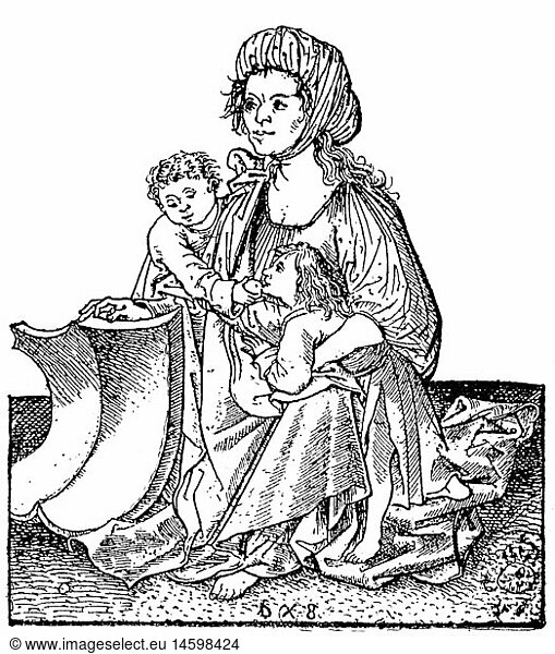 people  hardship / adversity  Middle Ages  begging woman with two children  copper engraving  late 15th century  private collection  historic  historical  mother  kids  poor  poverty  misery  distress  print  prints  fine arts  beggar  beggars  medieval  women  female