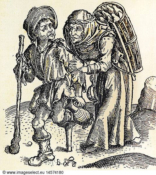 people  hardship / adversity  Middle Ages  crippled man and old woman on a country road  copper engraving  late 15th century  private collection  historic  historical  poor  poverty  misery  distress  print  prints  fine arts  beggar  beggars  cripple  cripples  amputate  amputating  amputee  amputees  basket  walking stick  medieval  women  female  men  male