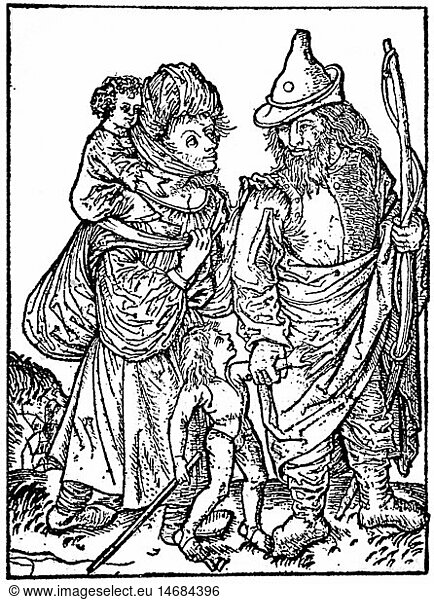 people  hardship / adversity  Middle Ages  family with two children on the tramp  woodcut  by the Master of the Housebook  late 15th century  private collection  historic  historical  man  woman  kids  poor  poverty  misery  distress  print  prints  wanderers  wanderer  tramps  medieval  women  female  men  male