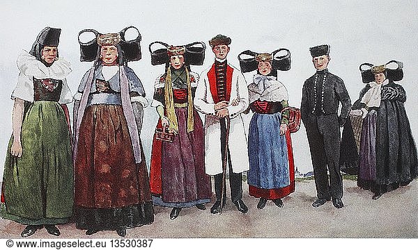 People in traditional costumes  fashion  clothes in Germany  costumes from the circle Schaumburg-Lippe about 19th century  illustration  Germany  Europe