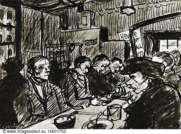 people  misery / adversity  soup kitchen  from the series 'ball of the widows at the soup kitchen'  drawing by Otto Nagel (1894 - 1967)  issue: 'Arbeiter Illustrierte Zeitung'  magazine 11  Berlin  1927